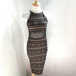 Lovley Day | Elegant Black and Brown Patterned Dress With Sheer Cut Out
